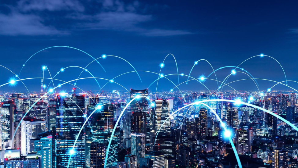 City skyline with digital network connections