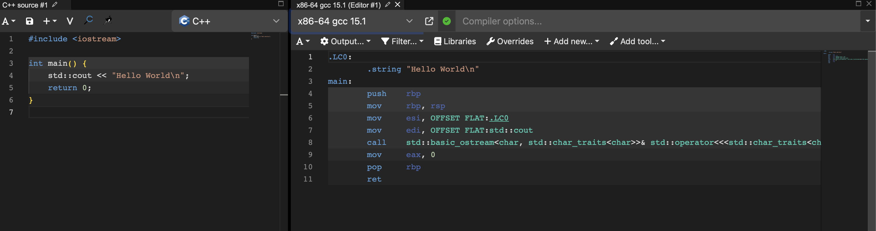 Screenshot of Godbolt Compiler Explorer showing C++ to Assembly