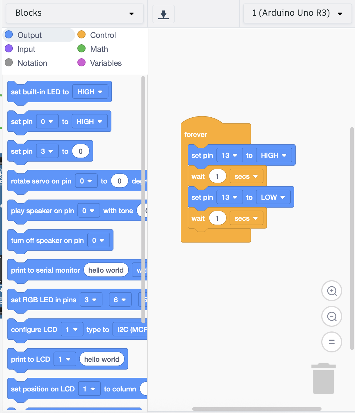 Tinkercad block code. A 'forever' loop contains four blocks: set pin 13 to HIGH, wait 1 seconds, set pin 13 to LOW, wait 1 seconds.