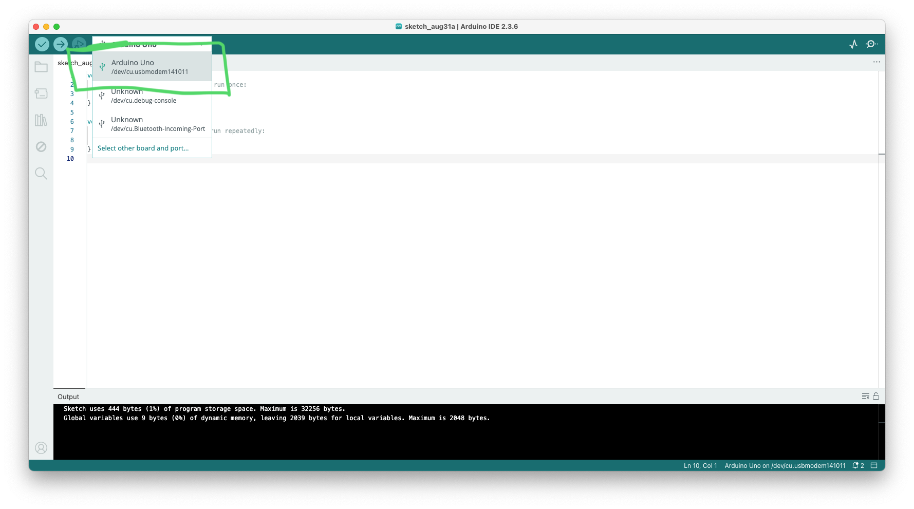 A screenshot of the Arduino IDE with the Verify button and Upload button highlighted.