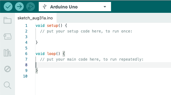 Close up on the Verify and Upload buttons in the Arduino IDE.
